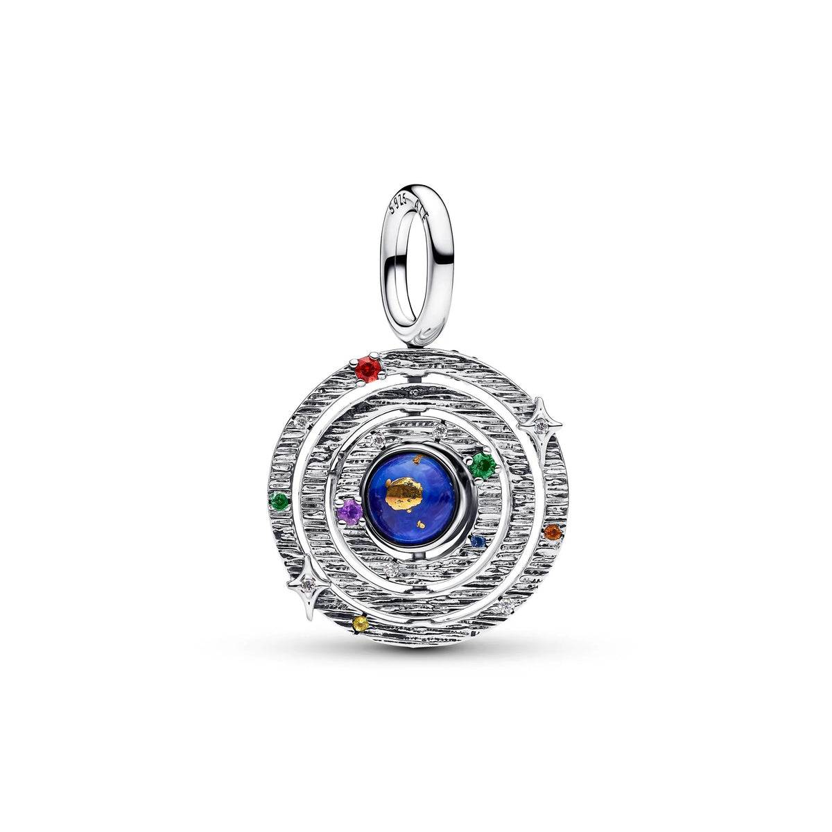 Armillary sphere sterling silver dangle with imitation lapis lazuli, yellow, blue, purple, red crystal and clear cubic zirconia