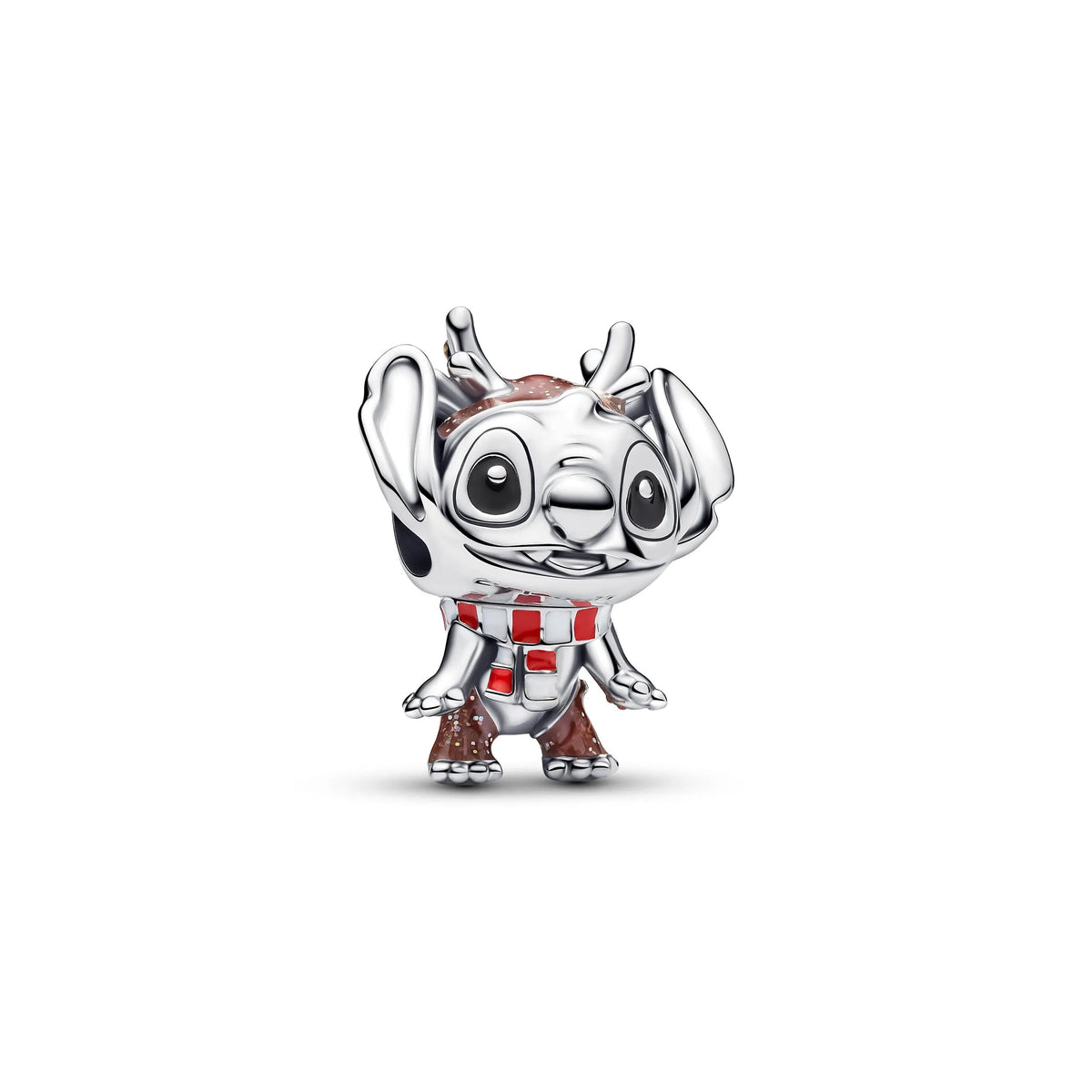 Disney Christmas Stitch sterling silver charm with glittery brown, black, white and red enamel