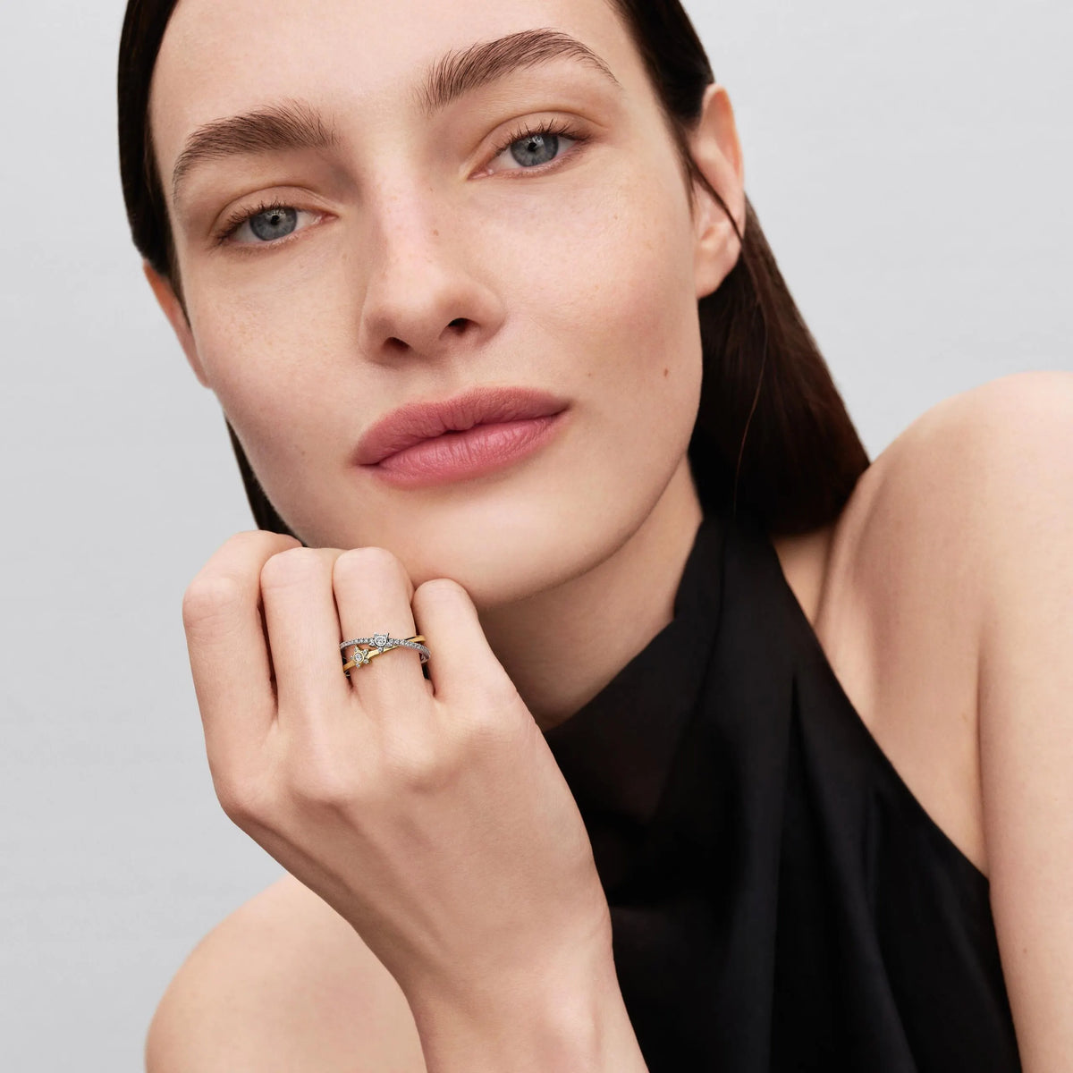 Stars sterling silver and 14k gold-plated crossover ring with clear cubic zirconia