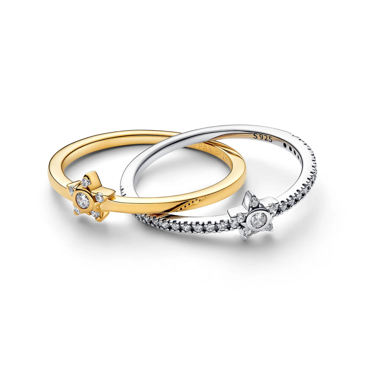 Stars sterling silver and 14k gold-plated crossover ring with clear cubic zirconia