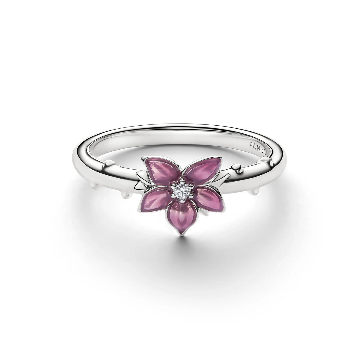Disney Mulan cherry blossom platinum-plated ring with clear cubic zirconia and pink enamel