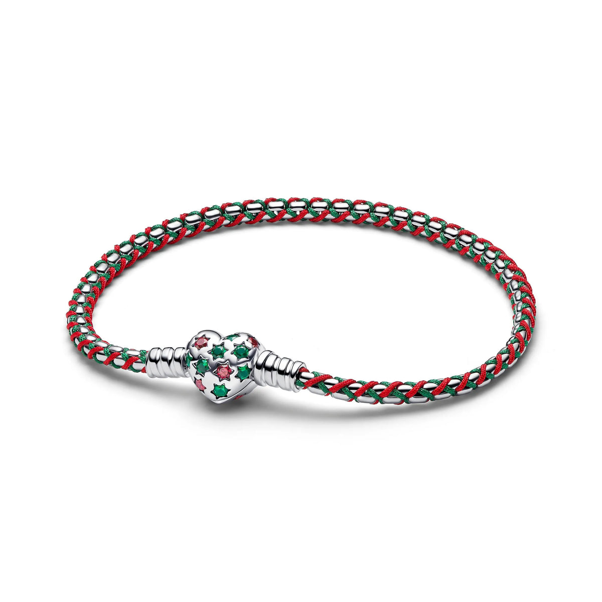 Braided sterling silver box chain bracelet with red cubic zirconia, royal green crystal, red and green cord