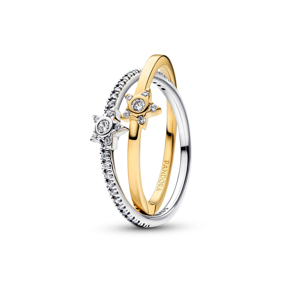 Stars sterling silver and 14k gold-plated crossover ring with clear cubic zirconia