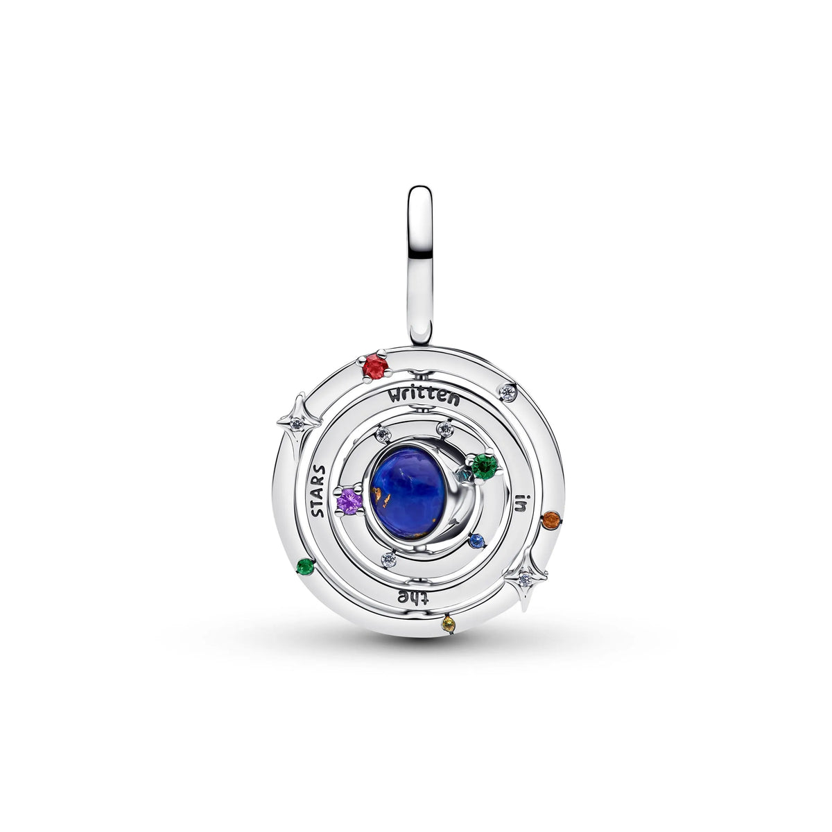 Armillary sphere sterling silver dangle with imitation lapis lazuli, yellow, blue, purple, red crystal and clear cubic zirconia