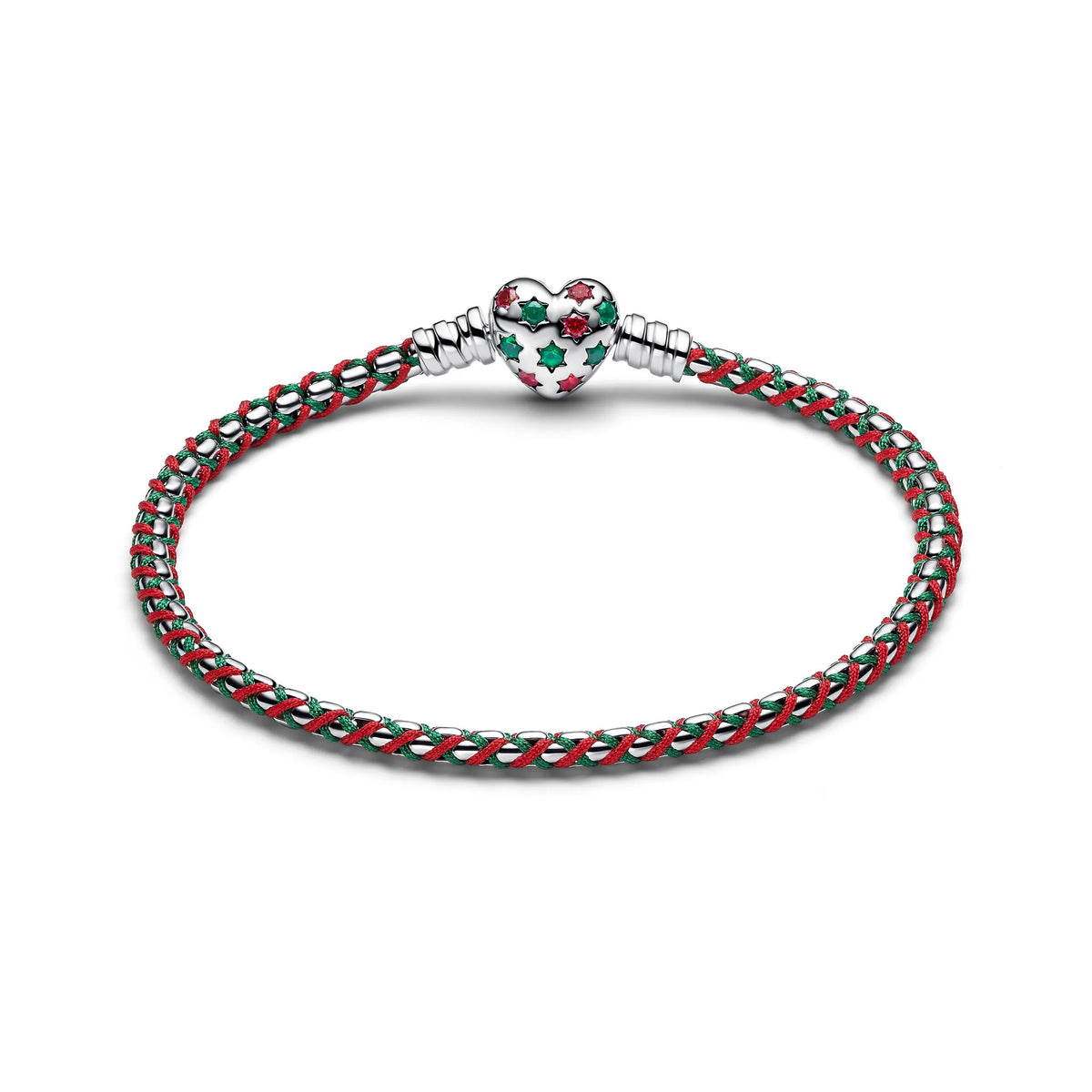 Braided sterling silver box chain bracelet with red cubic zirconia, royal green crystal, red and green cord