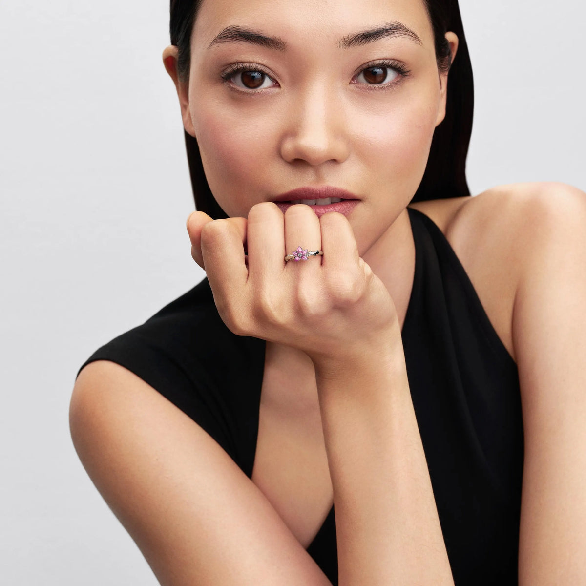 Disney Mulan cherry blossom platinum-plated ring with clear cubic zirconia and pink enamel