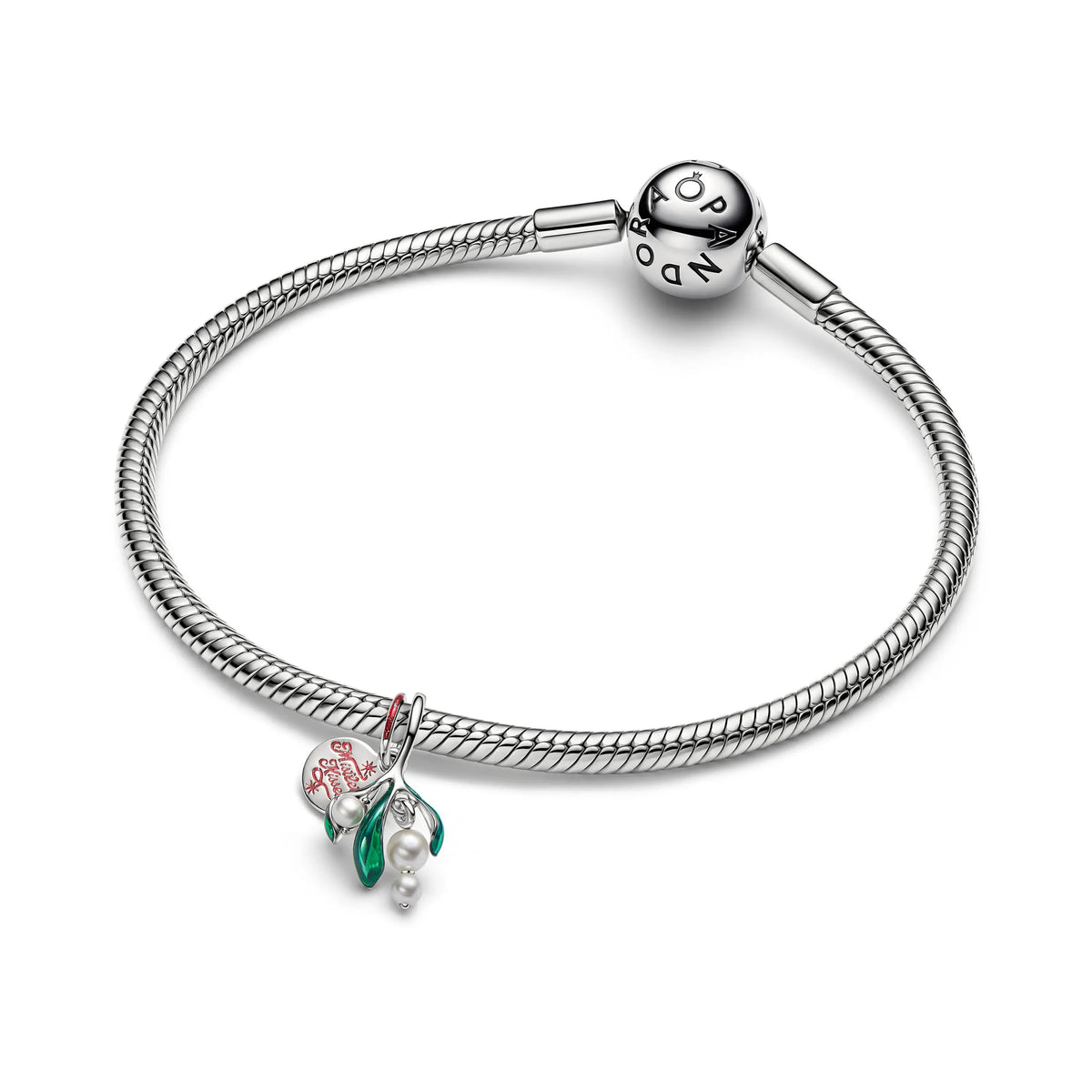 Mistletoe platinum-plated double dangle with lacquered artificial pearl, red and green enamel