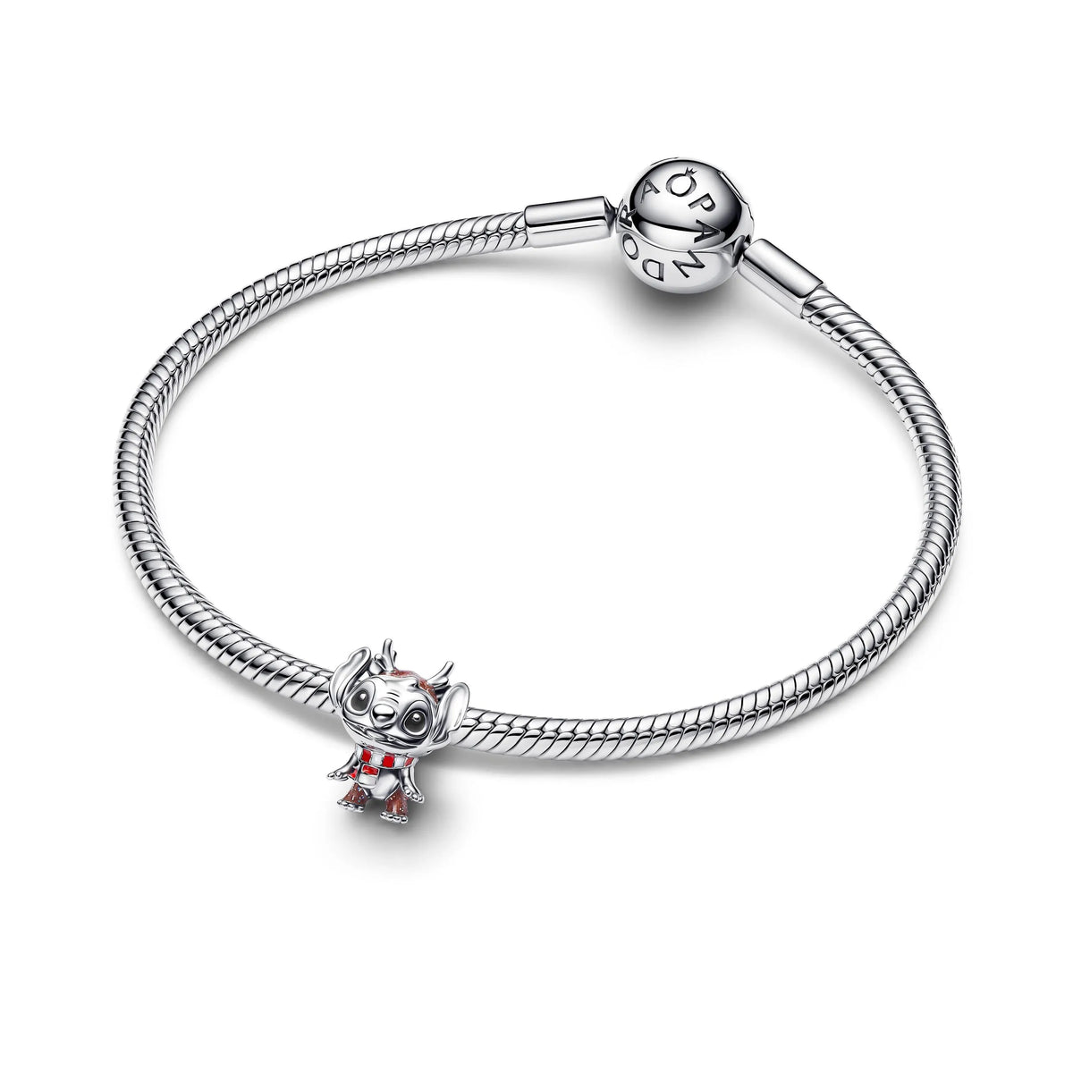 Disney Christmas Stitch sterling silver charm with glittery brown, black, white and red enamel