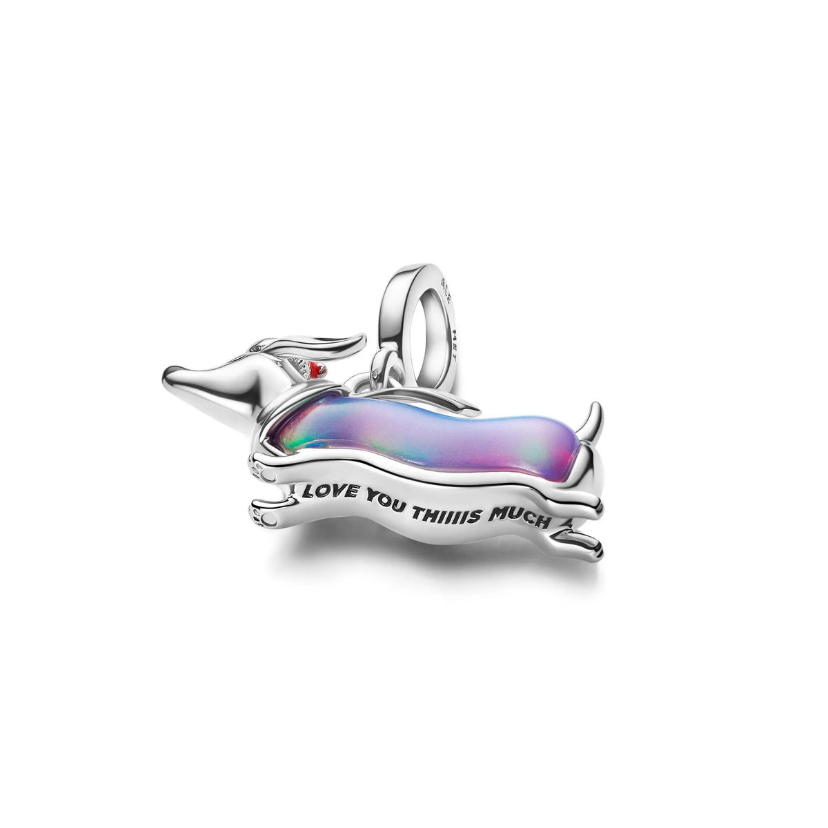 Christmas dachshund platinum-plated dangle with purple lab-created opal, red and black enamel