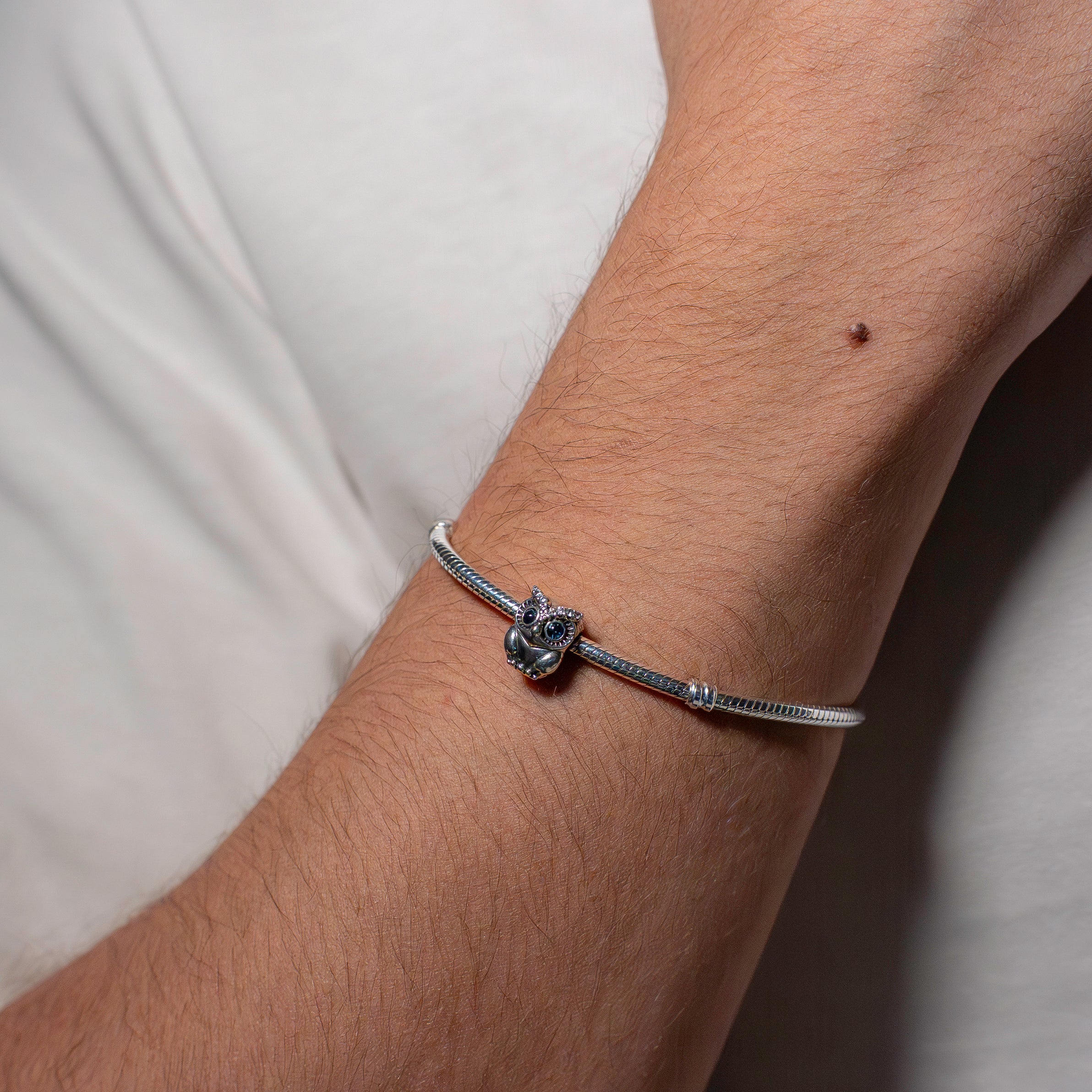 Owl sterling silver charm with bright cobalt blue crystal and clear cubic zirconia