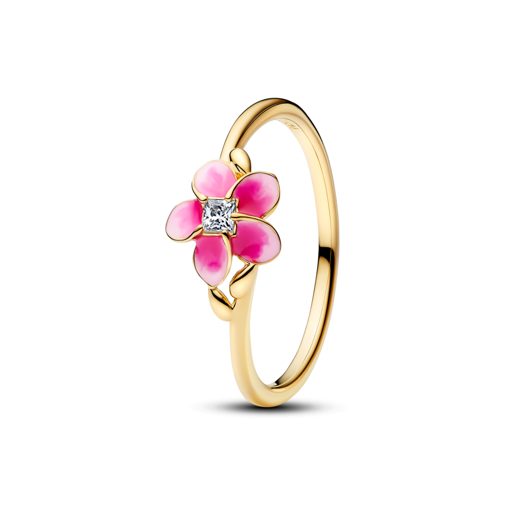 Disney Moana pink plumeria 14k gold-plated ring with clear cubic zirconia and shaded pink enamel