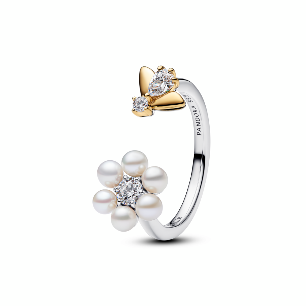 Flower and bee sterling silver and 14k gold-plated open ring with treated white freshwater cultured pearl and clear cubic zirconia