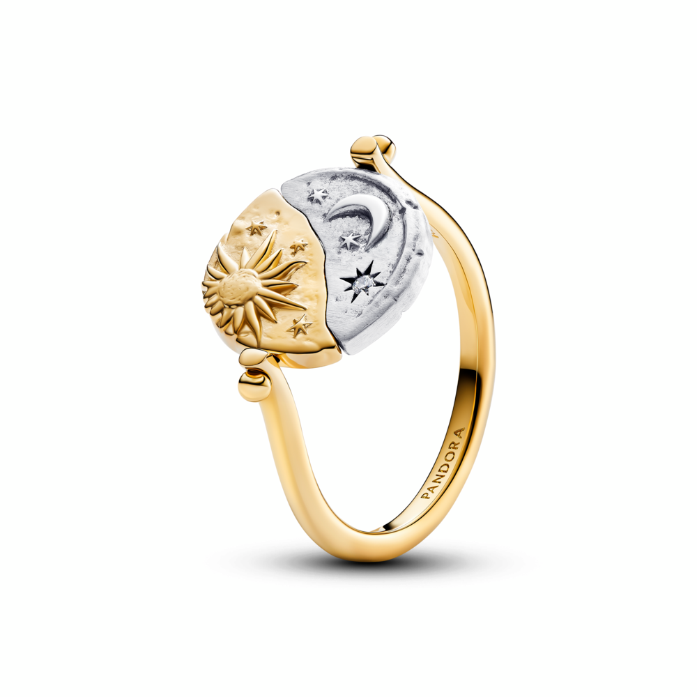 Sun and moon sterling silver and 14k gold-plated spinnable ring with clear cubic zirconia