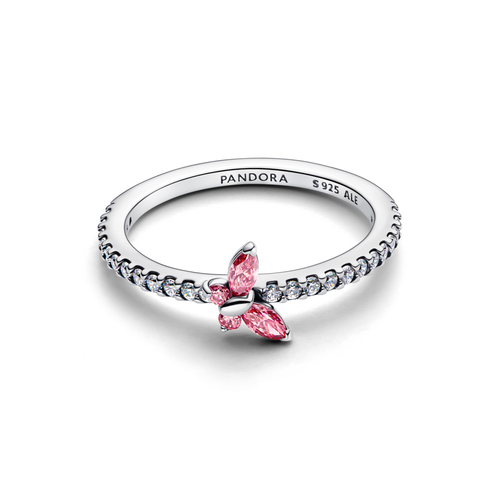 Butterfly sterling silver ring with fancy pink and clear cubic zirconia