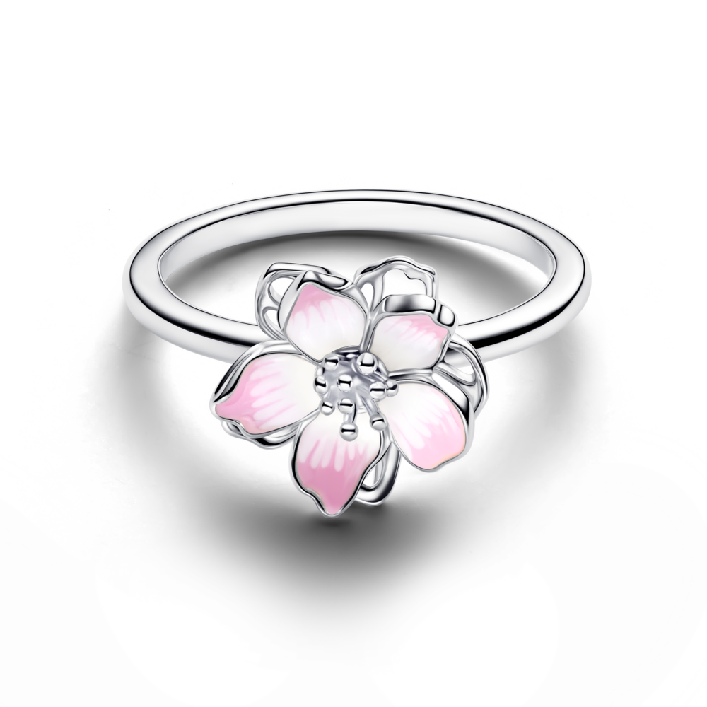 Cherry blossom sterling silver ring with shaded pink enamel