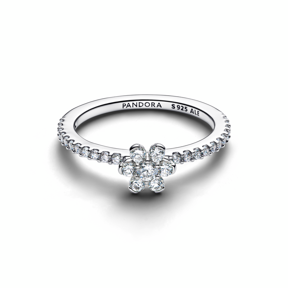 Flower sterling silver ring with clear cubic zirconia