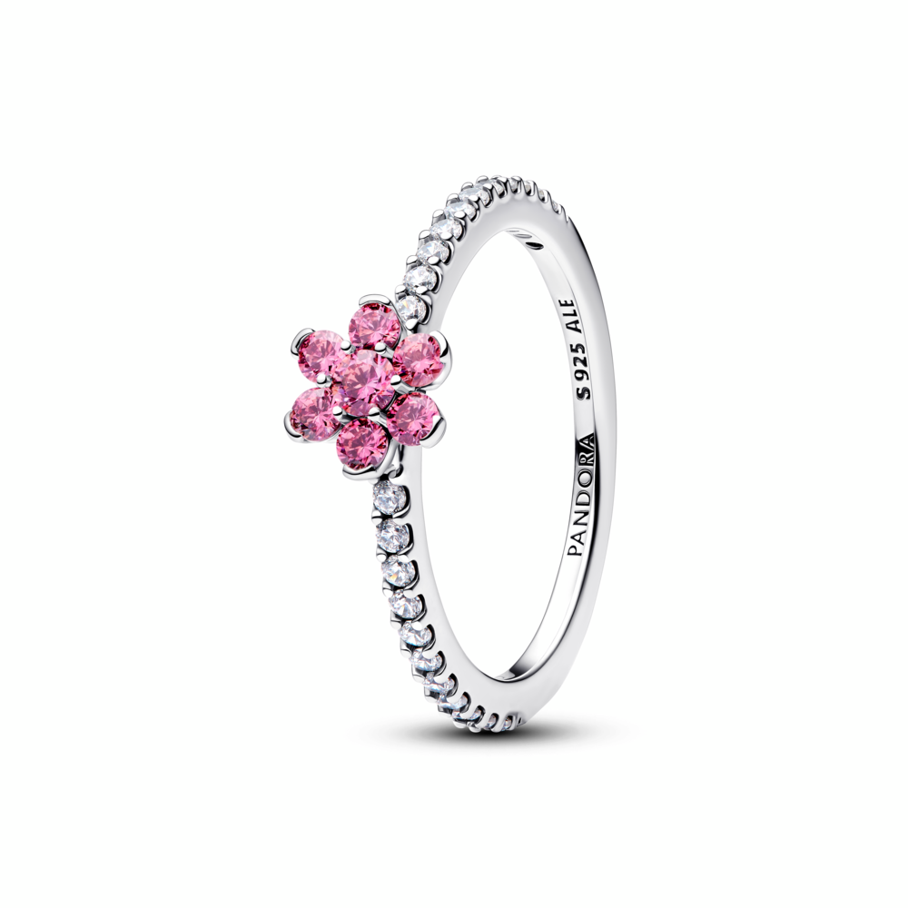 Flower sterling silver ring with fancy pink and clear cubic zirconia