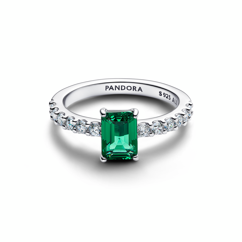 Sterling silver ring with royal green crystal and clear cubic zirconia