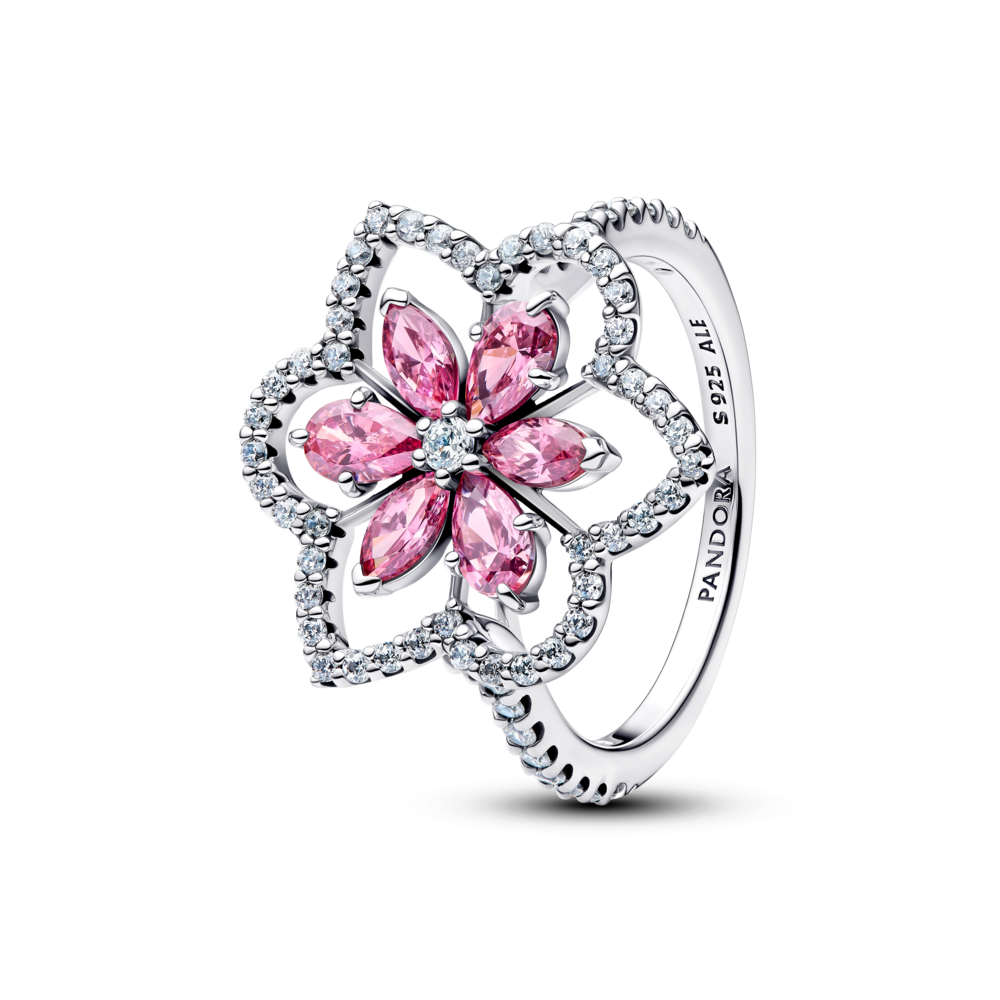 Herbarium cluster sterling silver ring with fancy pink and clear cubic zirconia