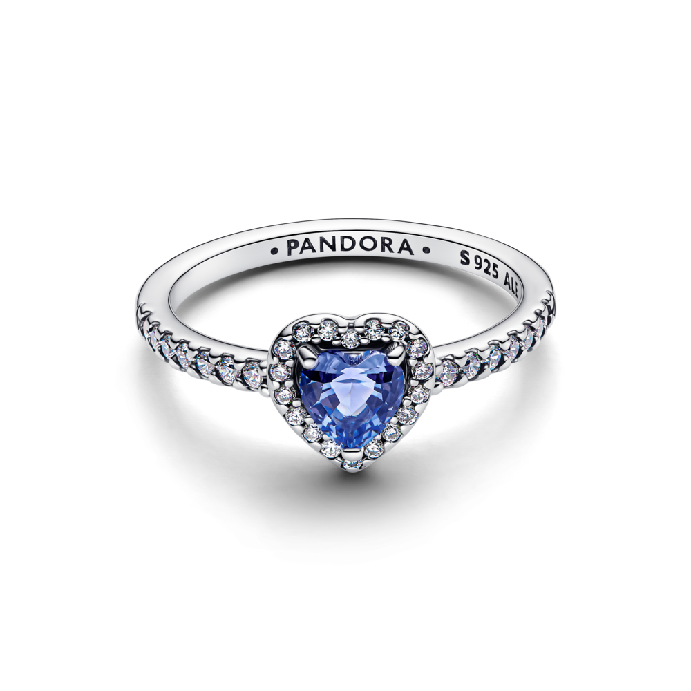 Heart sterling silver ring with cornflower blue crystal and clear cubic zirconia