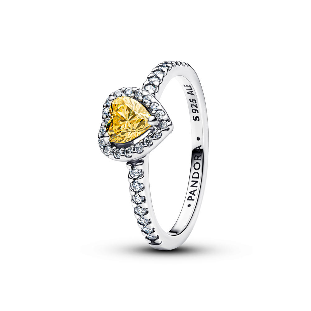 Heart sterling silver ring with vibrant yellow and clear cubic zirconia