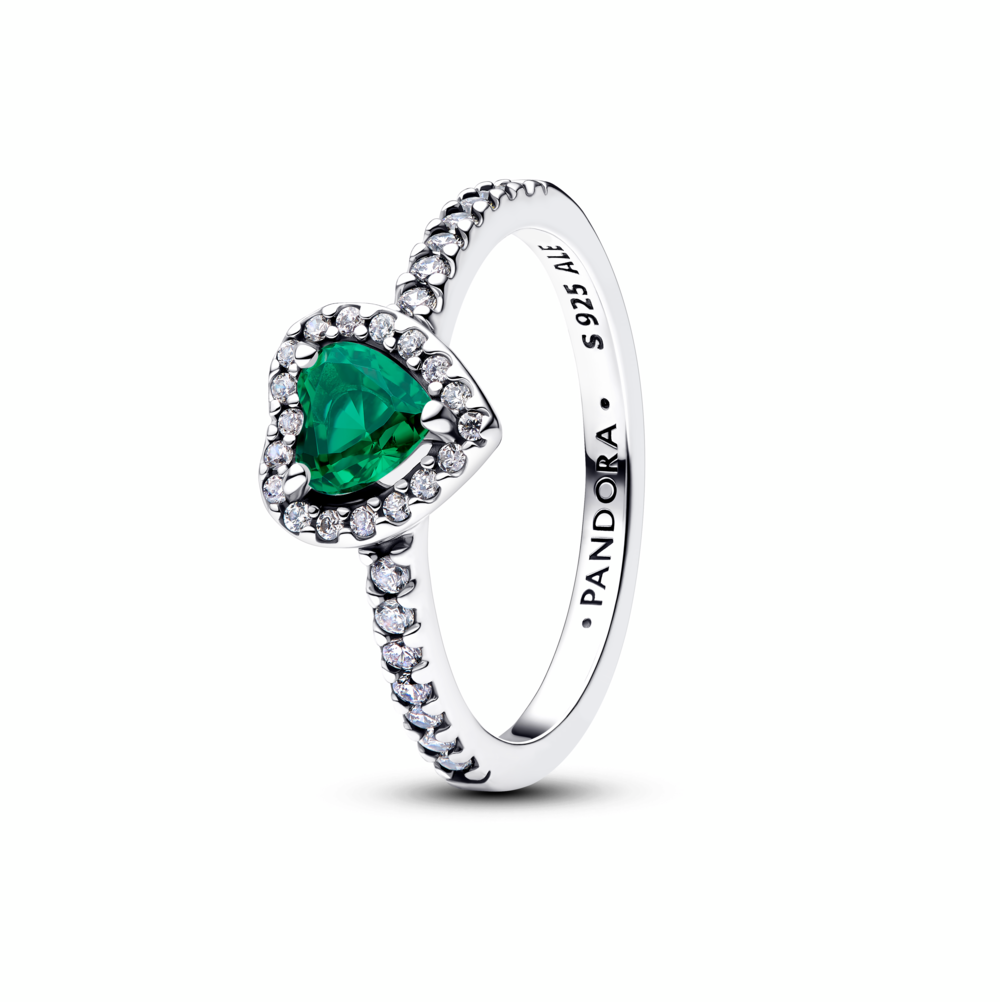 Heart sterling silver ring with royal green crystal and clear cubic zirconia