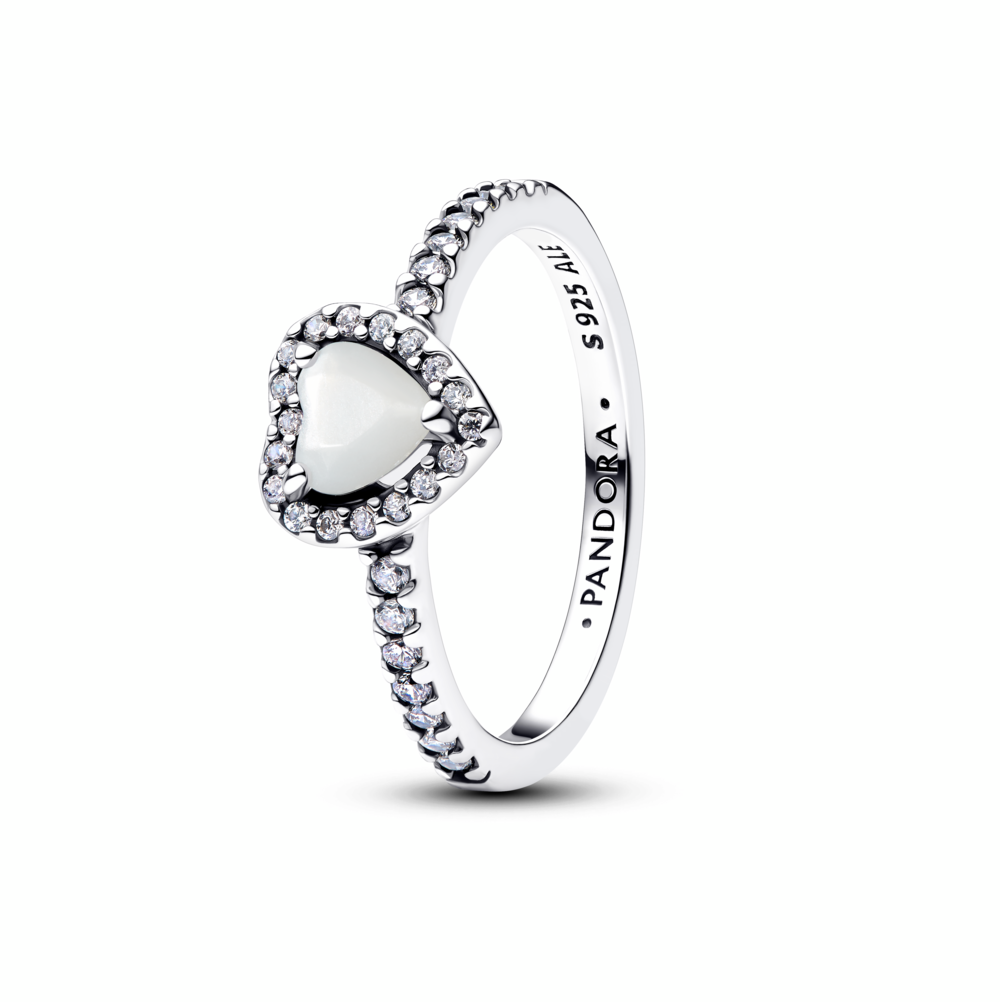 Heart sterling silver ring with white bioresin man-made mother of pearl and clear cubic zirconia