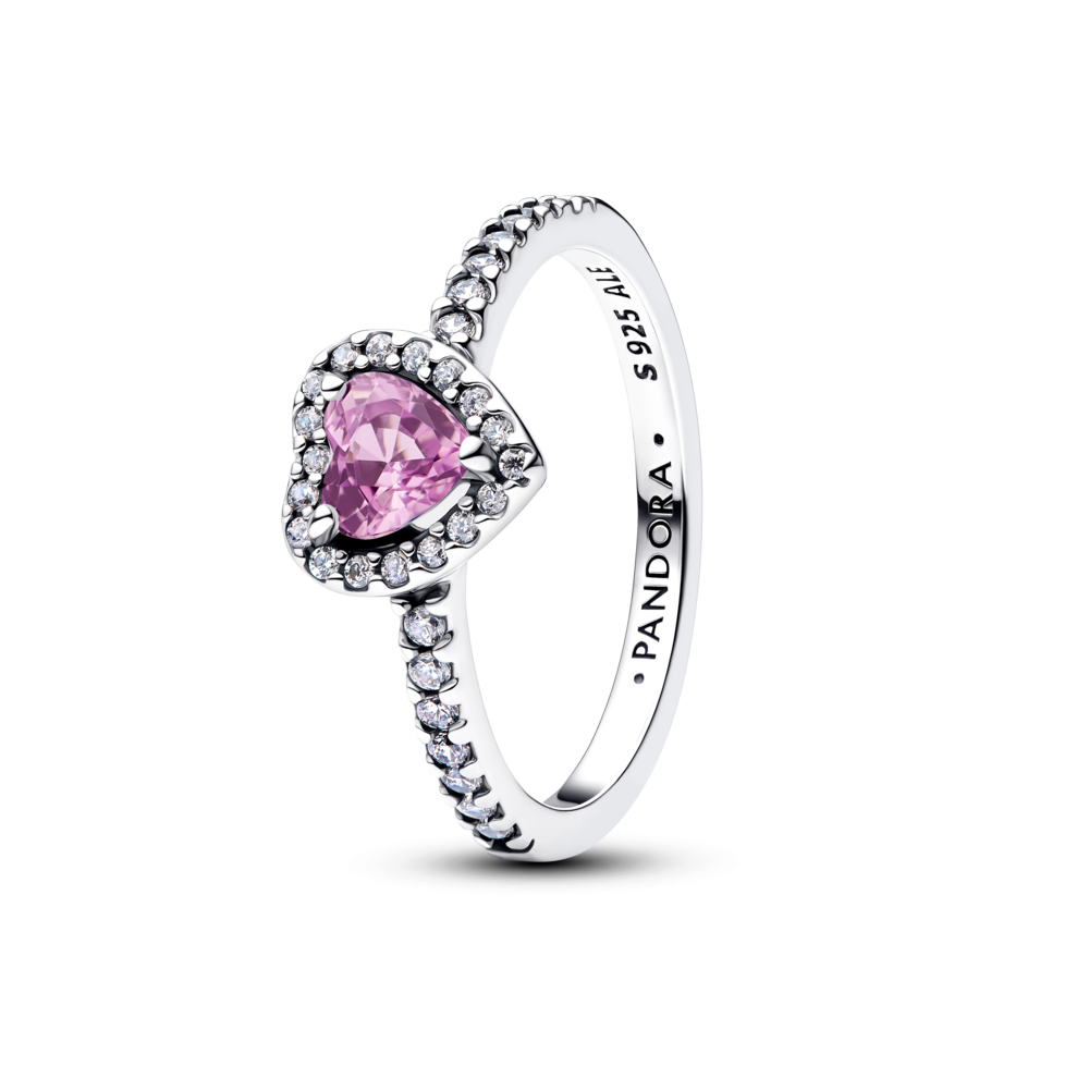 Heart sterling silver ring with light purple crystal and clear cubic zirconia