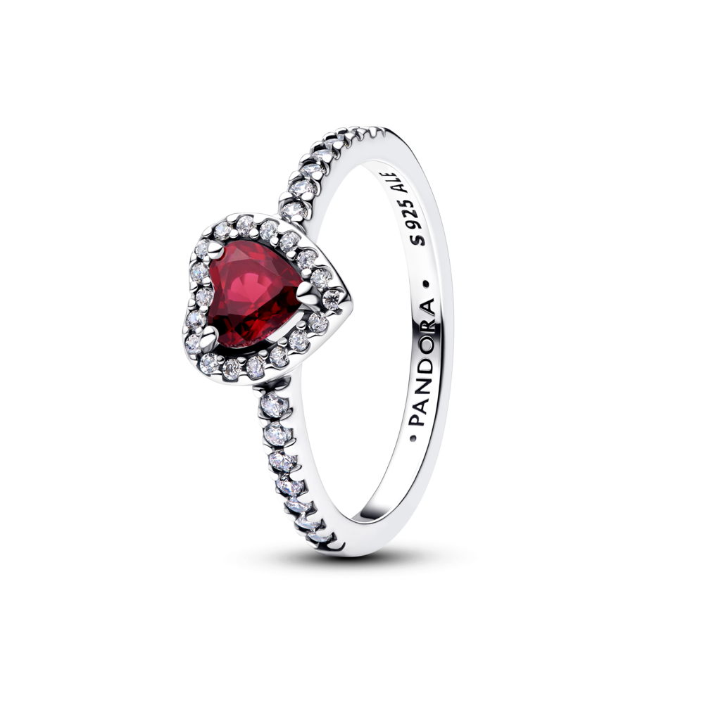 Heart sterling silver ring with fuchsia rose crystal and clear cubic zirconia