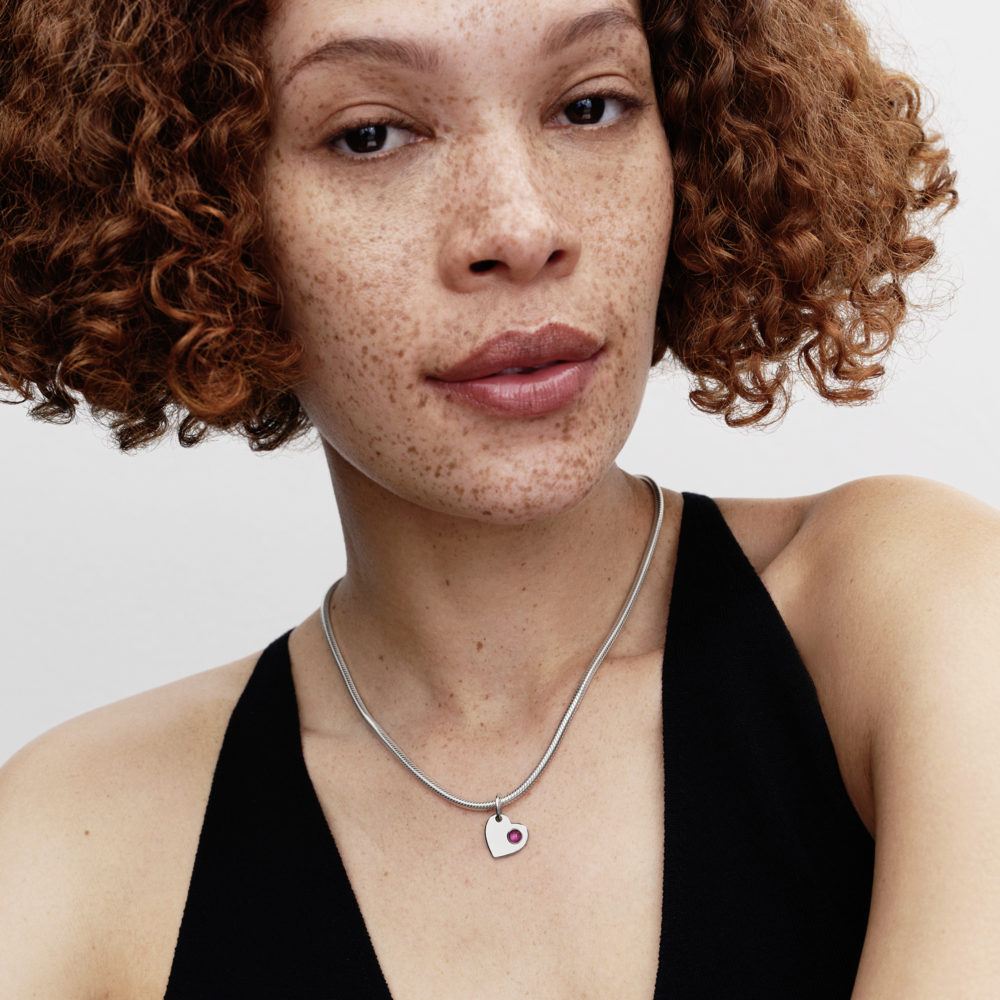 Engravable heart sterling silver dangle with true red crystal