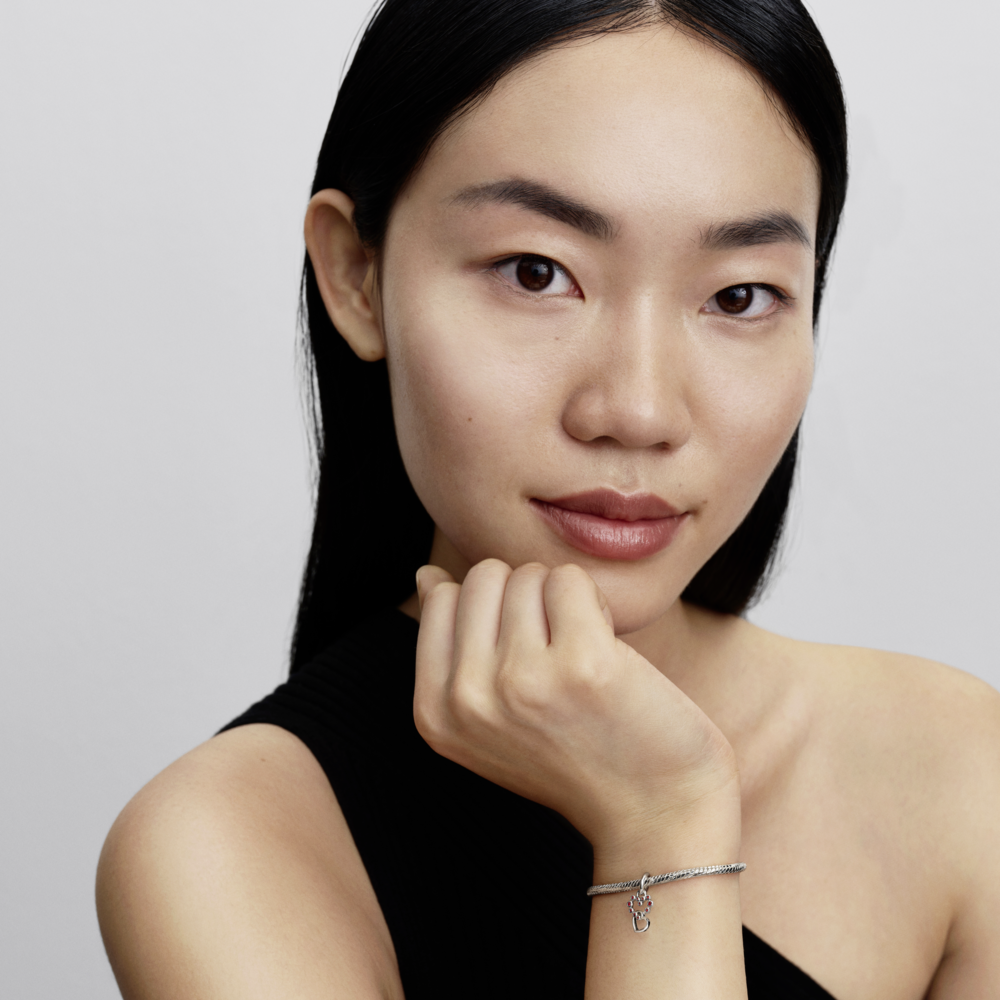 Connected hearts sterling silver dangle with salsa red crystal