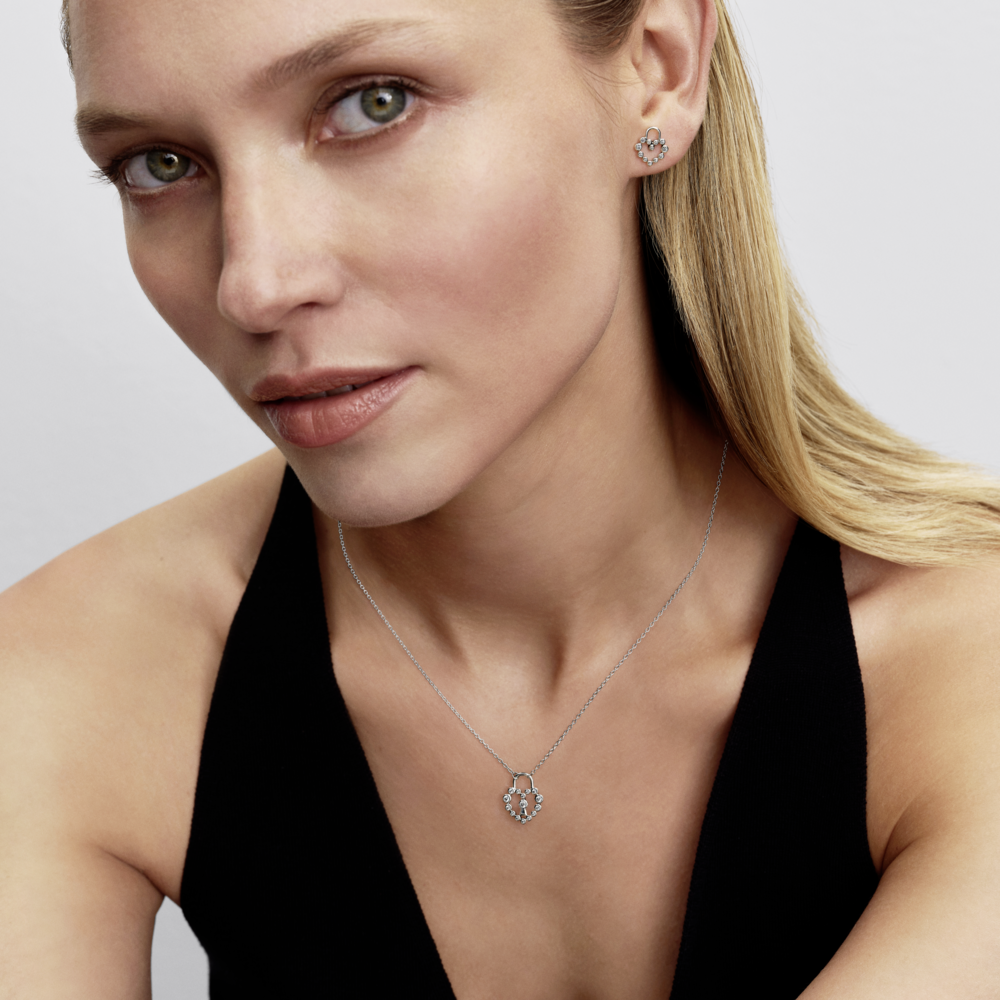 Heart padlock sterling silver pendant necklace with clear cubic zirconia