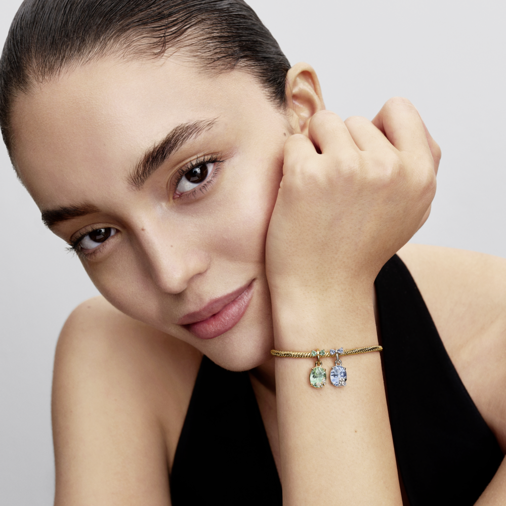 Bee and butterfly sterling silver and 14k gold-plated splittable dangle with clear cubic zirconia, green and blue crystal