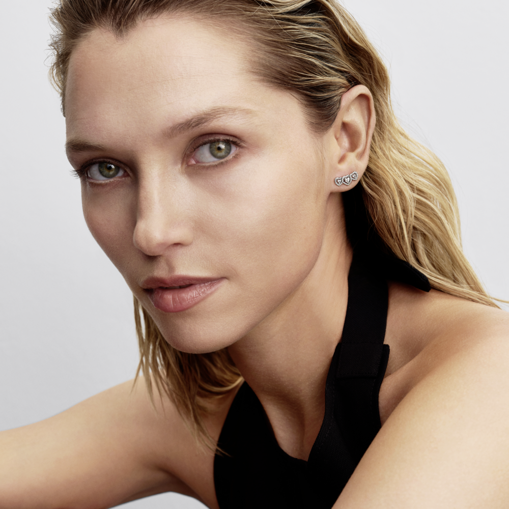 Triple heart sterling silver stud earrings with clear cubic zirconia