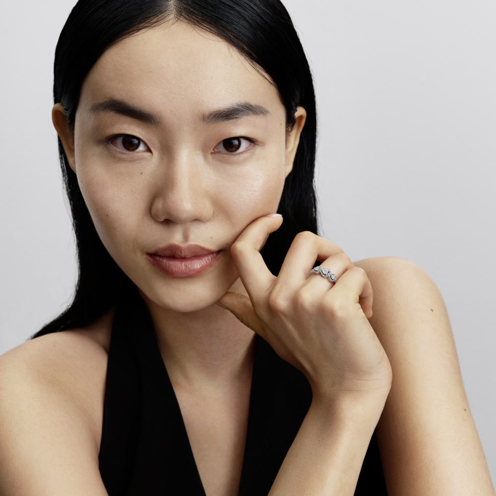 Triple heart sterling silver ring with clear cubic zirconia