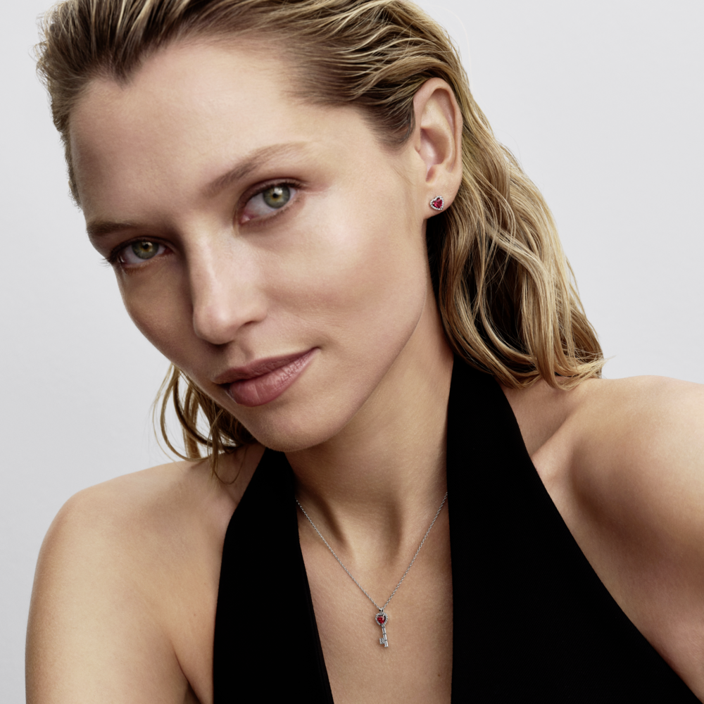 Heart key sterling silver collier with cherries jubilee red crystal and clear cubic zirconia