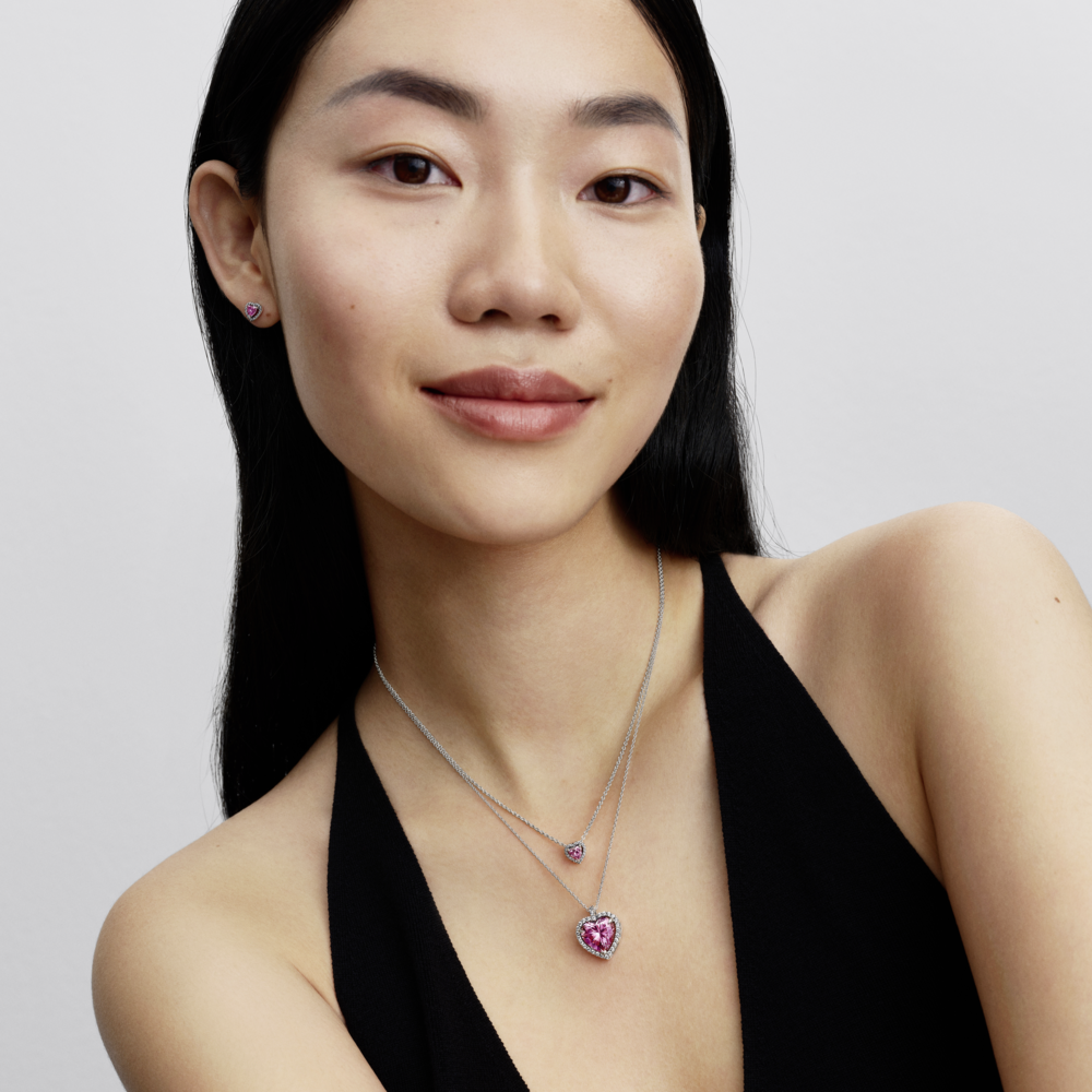 Heart sterling silver collier with fancy pink and clear cubic zirconia