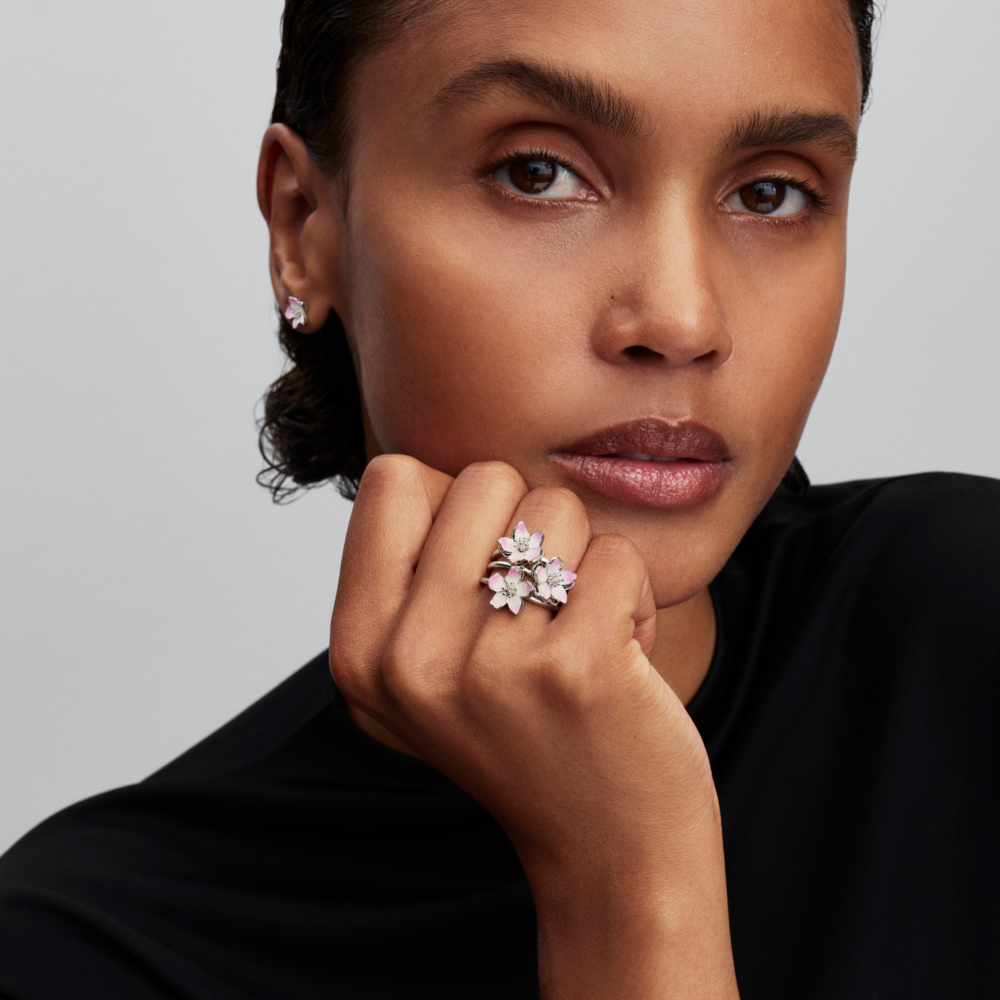 Cherry blossom sterling silver ring with shaded pink enamel