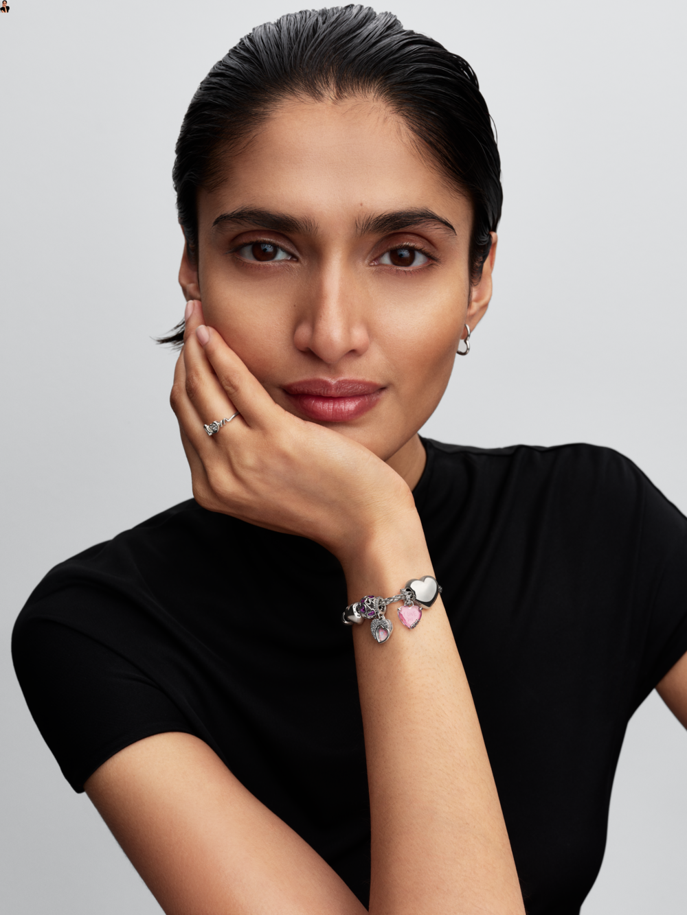 Heart sterling silver dangle with pink and clear cubic zirconia