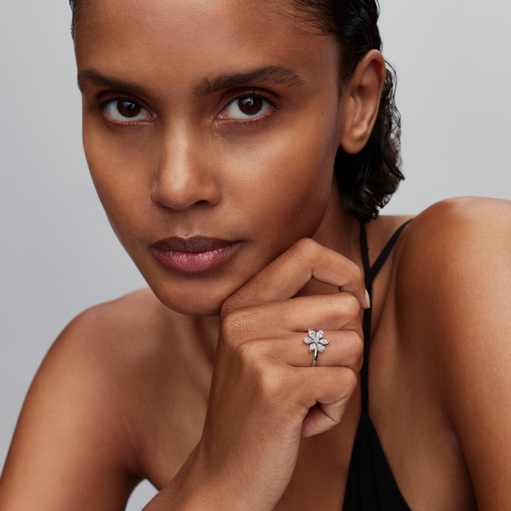 Herbarium cluster sterling silver ring with clear cubic zirconia