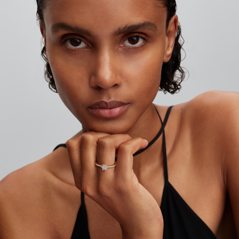 Flower 14k gold-plated ring with clear cubic zirconia