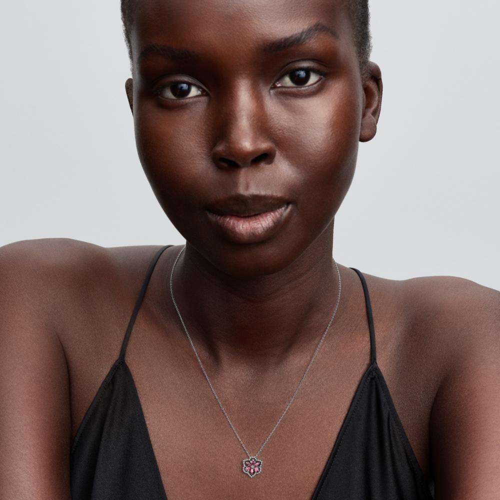 Herbarium cluster sterling silver collier with fancy pink and clear cubic zirconia