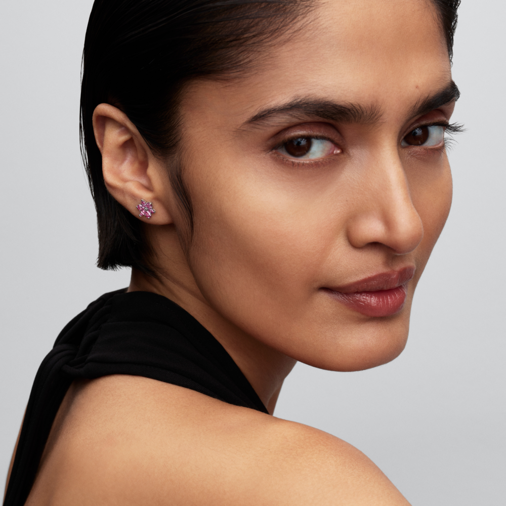 Herbarium cluster sterling silver stud earrings with fancy pink cubic zirconia