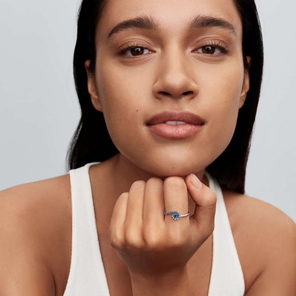 Disney Moana sterling silver ring with clear cubic zirconia, icy green, icy blue, royal blue and london blue crystal
