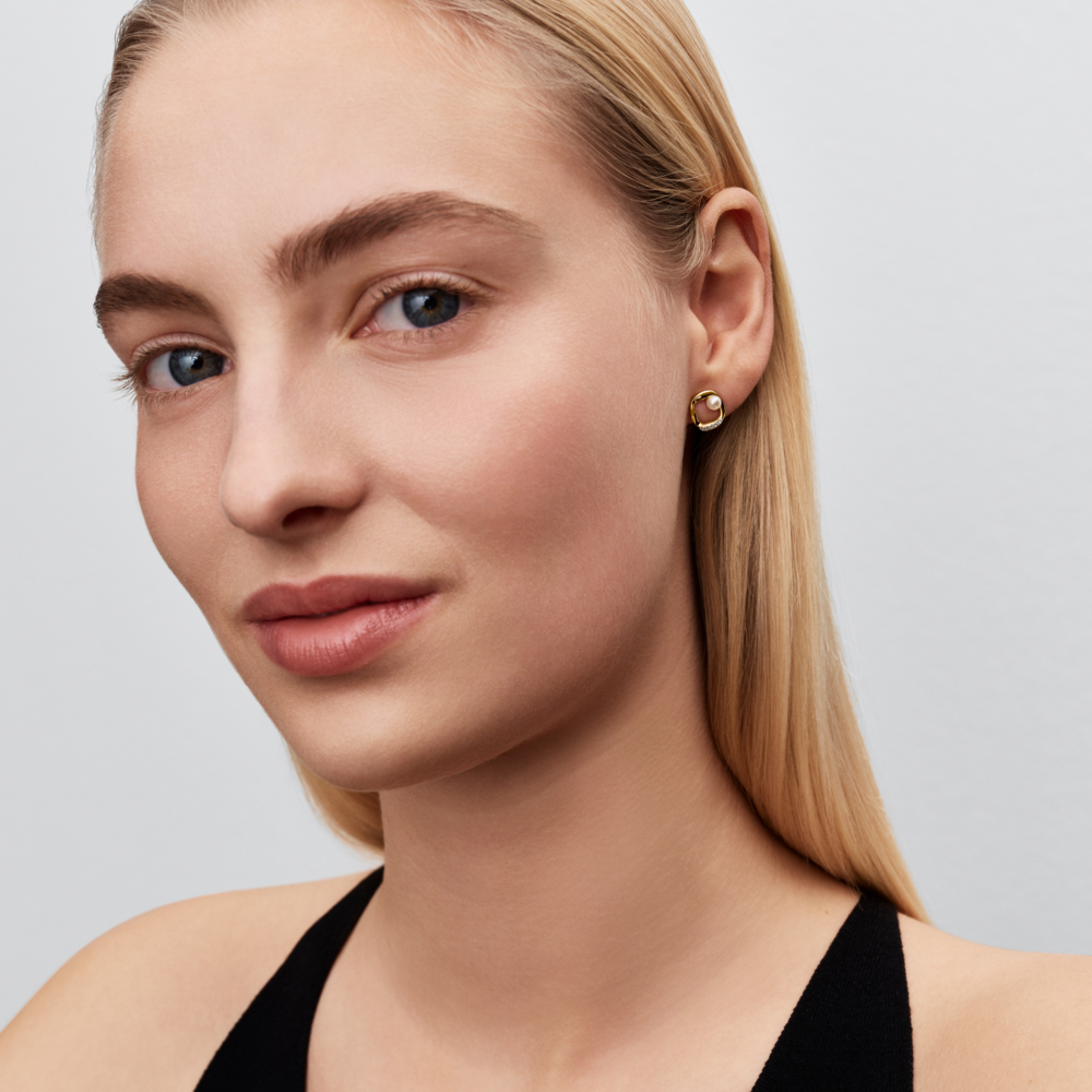 14k gold-plated stud earrings with white treated freshwater cultured pearl and clear cubic zirconia