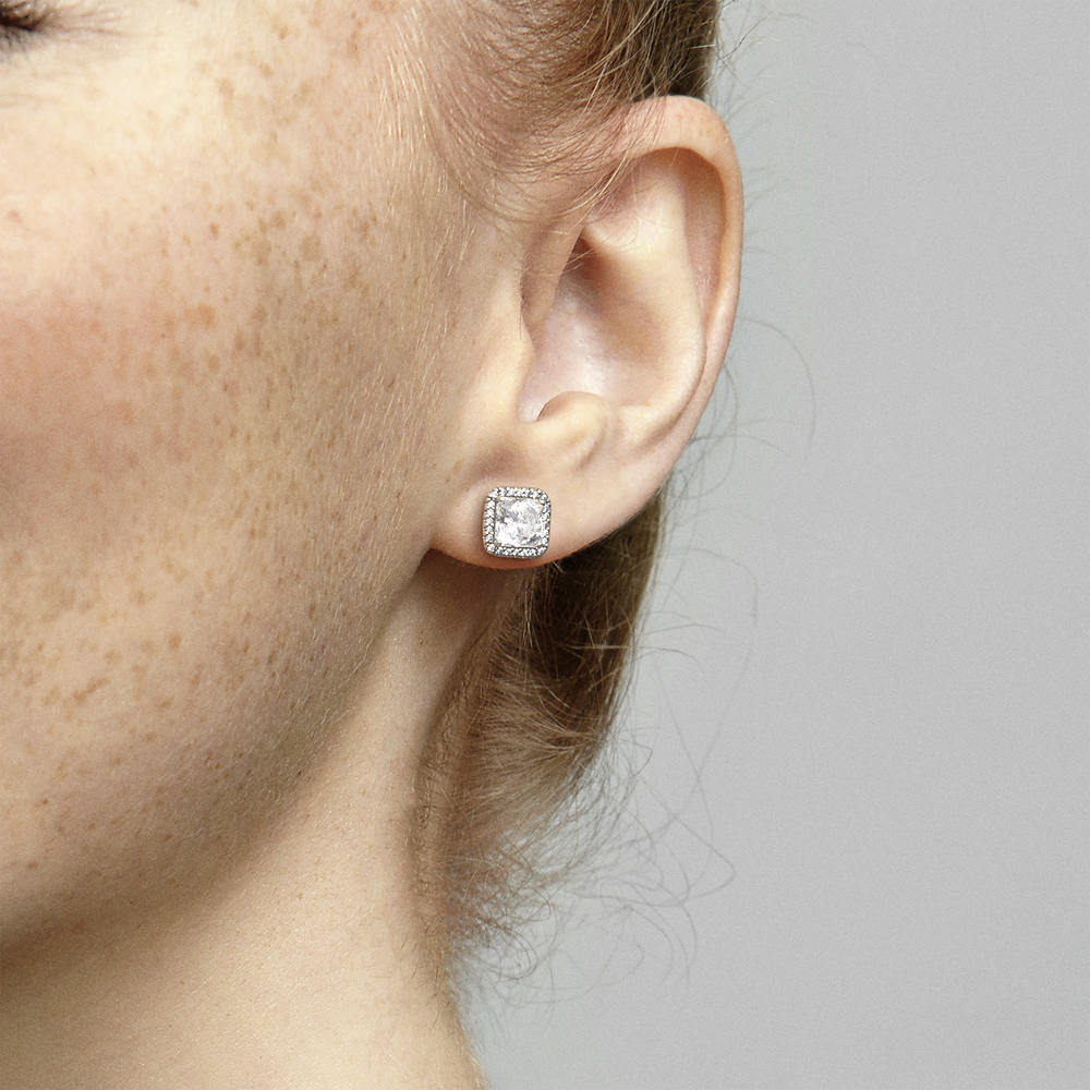 Square silver stud earrings with clear cubic zirconia