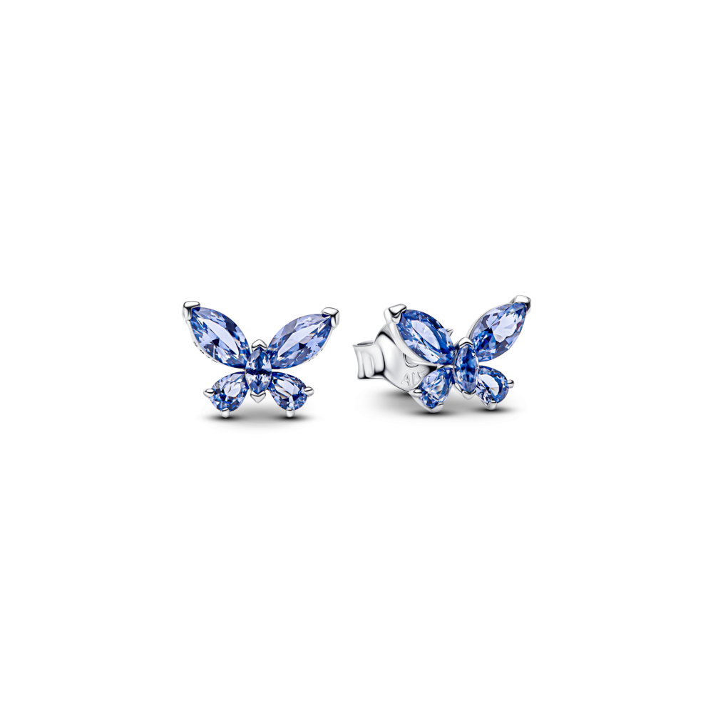 Butterfly sterling silver stud earrings with cornflower blue crystal