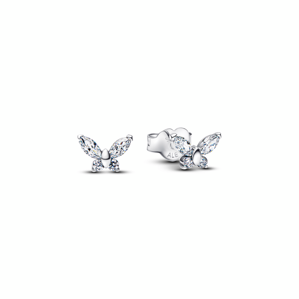 Butterfly sterling silver stud earrings with clear cubic zirconia