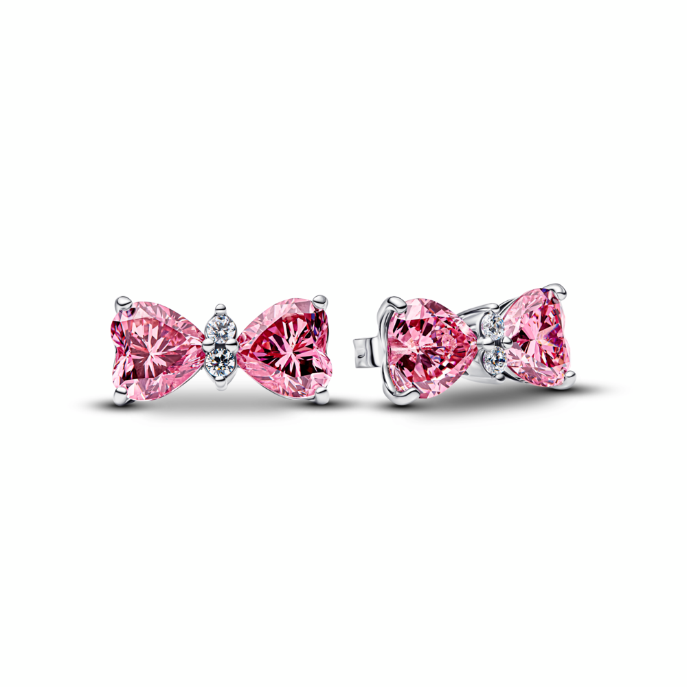 Bow sterling silver stud earrings with fancy pink and clear cubic zirconia