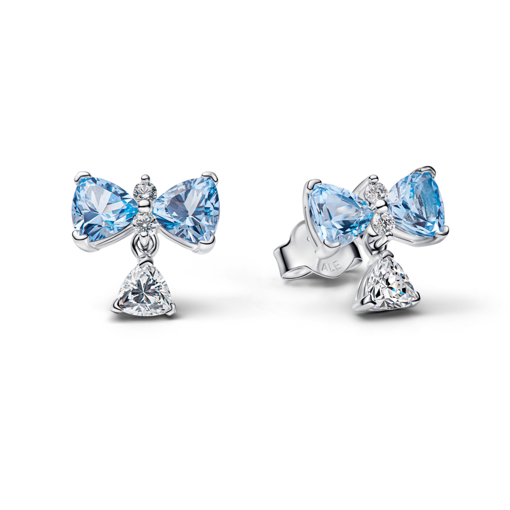 Bow sterling silver stud earrings with dream blue crystal and clear cubic zirconia